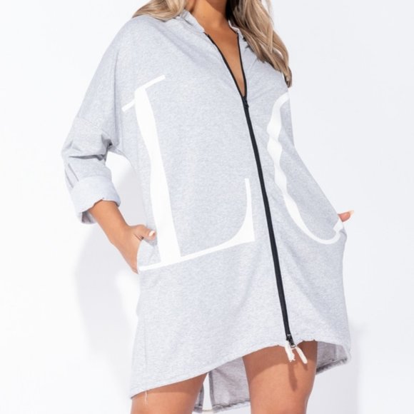 Grey Love Logo Zip Front Oversized Hoodie Dress - Picture 4 of 12